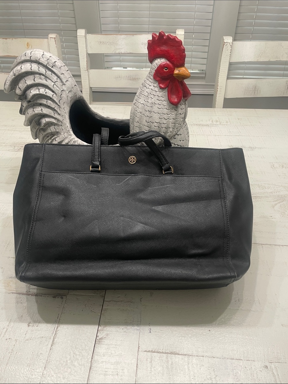 Tory Burch Black Leather Carryall Tote with Gold Logo